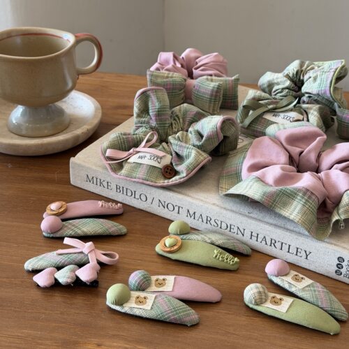 粉绿大肠圈儿童 蝴蝶结格纹大号发圈女童 宝宝bb夹边夹刘海夹发夹