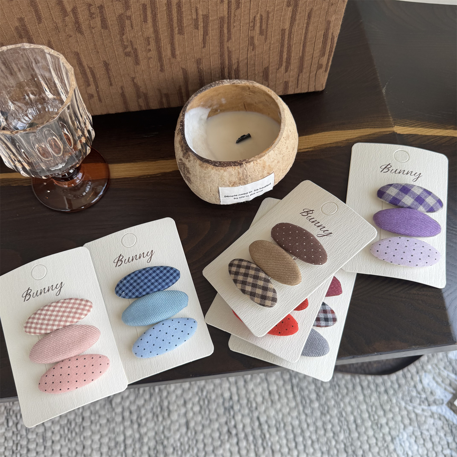 3个一组 秋冬新款格子波点bb夹儿童 女童边夹刘海夹 布艺宝宝发夹