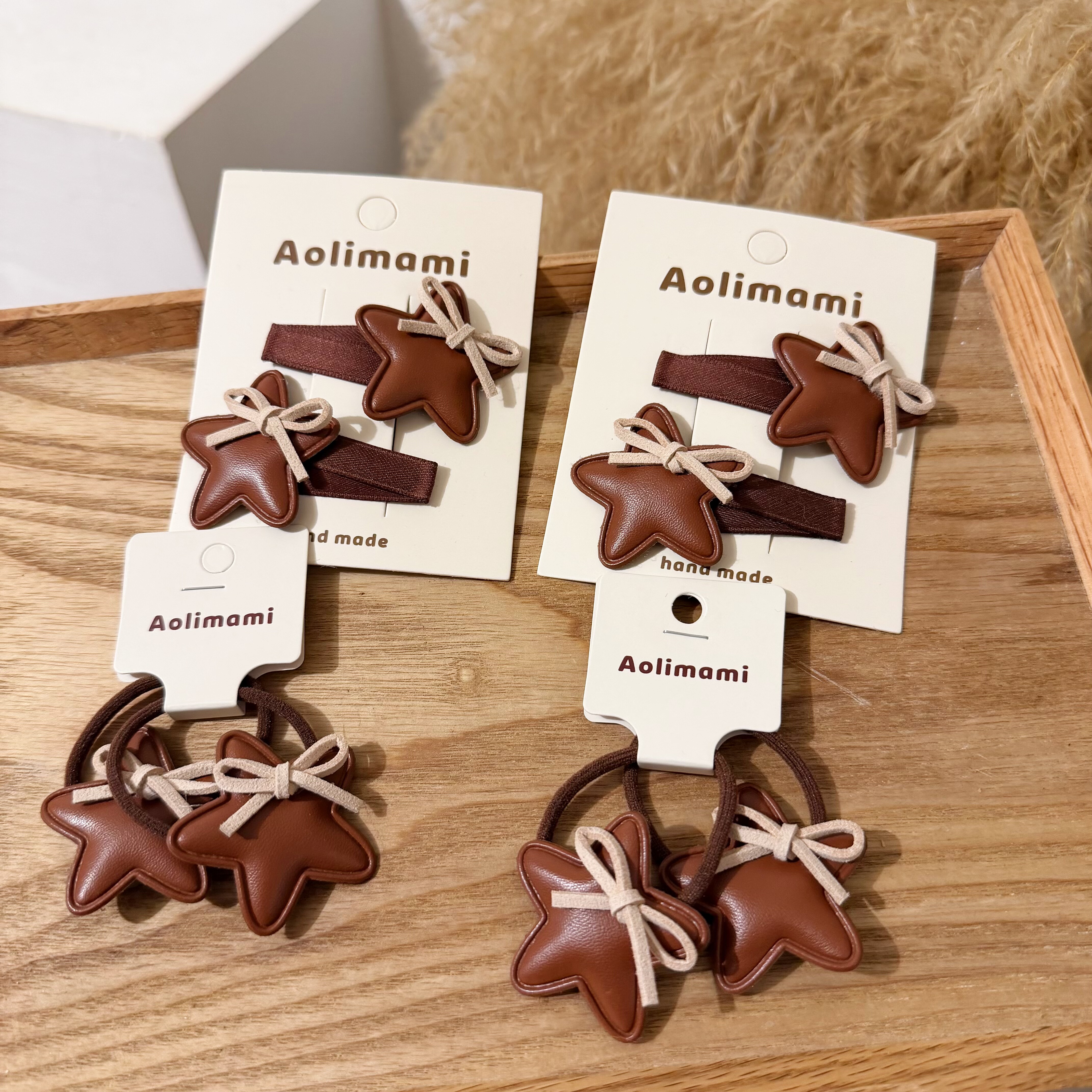 皮质咖色五角星发圈儿童 女童边夹刘海夹百搭 韩版质感发饰发夹