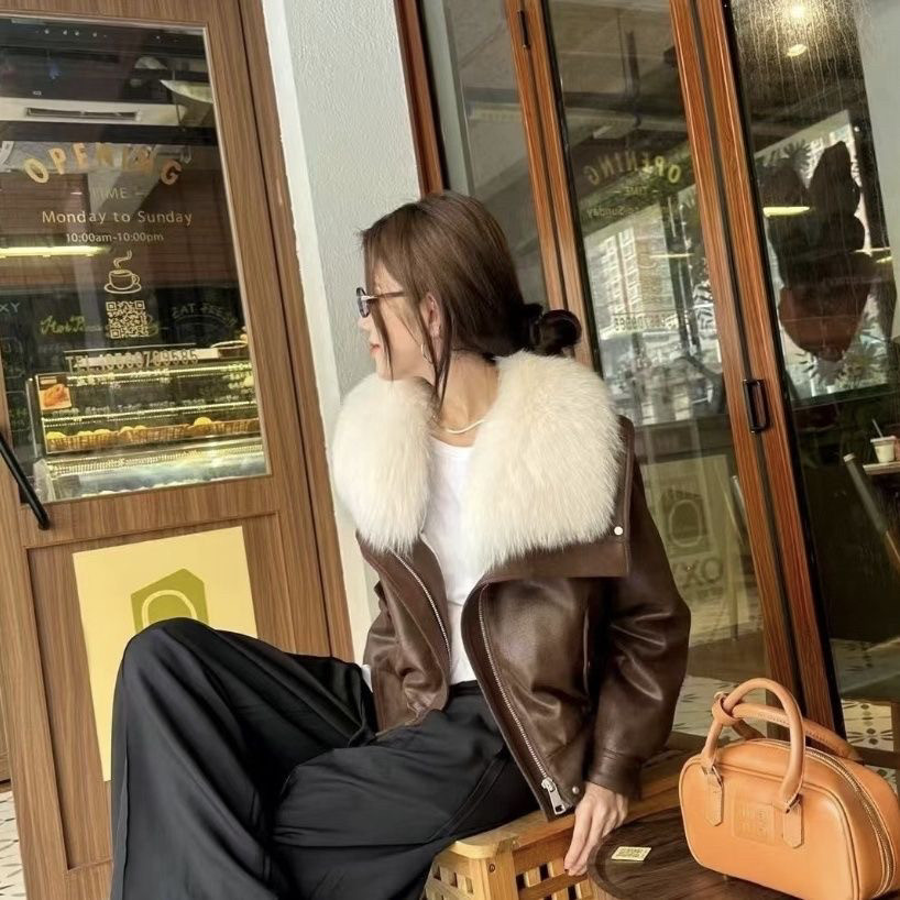 爆款大毛领狐狸毛皮草外套女鹅绒内胆2025年冬季新款机车服年轻款