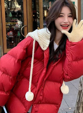 韩版针织连帽羽绒服女中长款2026春新款可脱卸毛线帽泡芙保暖外套