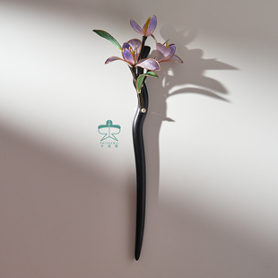 非遗绒花原创新中式 发簪黑檀木紫兰花中国风古典汉服旗袍发饰头饰