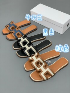 法式H字母平底凉鞋女外穿时尚百搭透气一字带拖鞋女鞋子凉拖鞋
