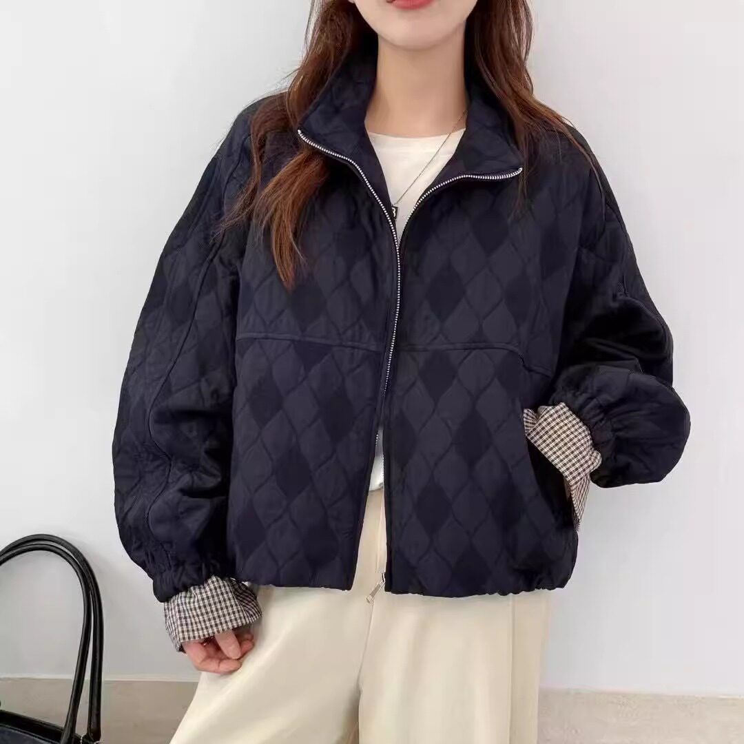 特价处理高端欧货秋冬高级感时尚百搭菱形格子立领拉链夹克外套女