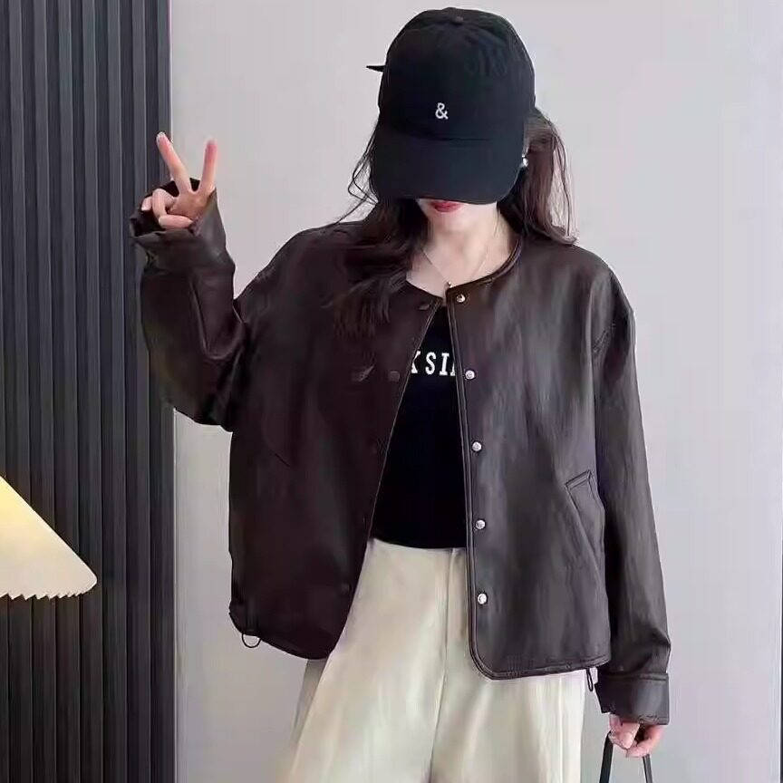 欧货2025秋冬款款宽松显瘦圆领PU皮衣外套女短款单排扣夹克上衣潮