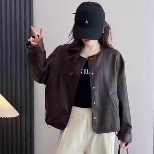 欧货2026秋冬款款宽松显瘦圆领PU皮衣外套女短款单排扣夹克上衣潮