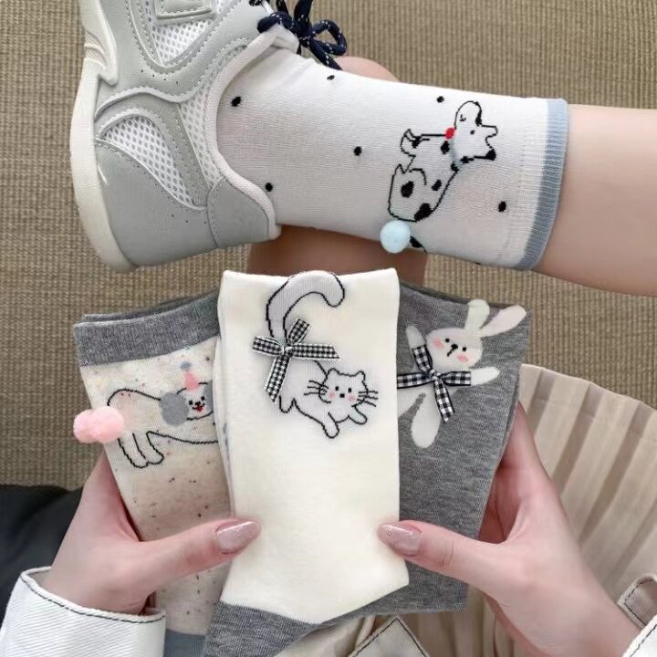 韩版春夏款无骨棉袜卡通动物立体蝴蝶结饰品中筒袜学院风堆堆袜