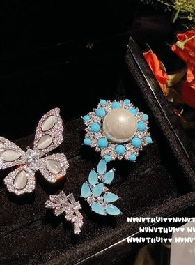 珠宝 猫眼石玲珑花蝴蝶宝石戒指 镀18K金 蓝松石雪花贝珠戒指组合