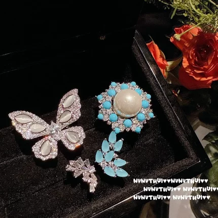 珠宝 猫眼石玲珑花蝴蝶宝石戒指 镀18K金 蓝松石雪花贝珠戒指组合