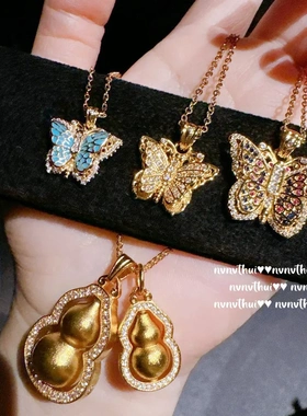 古法金色掐丝锤揲双葫芦吊坠项链 新中式 八宝瑞祥錾花青金石手串