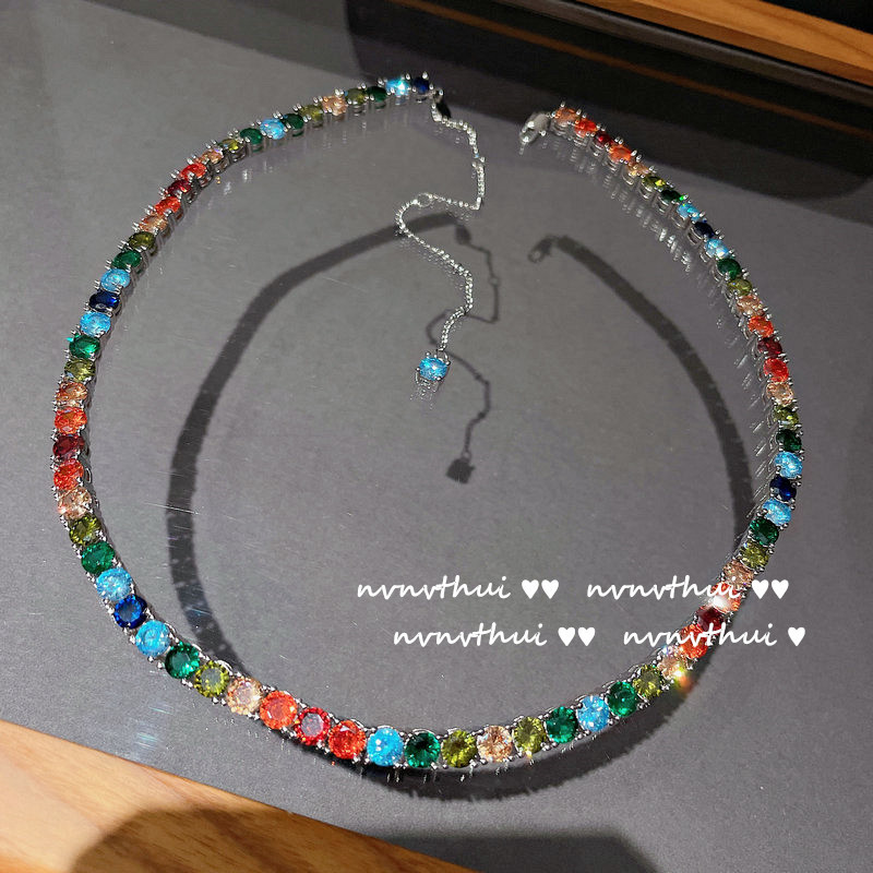 复古油画彩宝项链 镀18K金波西米亚渐变彩色锆石满钻颈链 choker