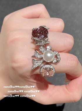 干枯玫瑰蝴蝶结蛋形宝石戒指 富家千金 镀18K金 蝴蝶珍珠锆石戒指