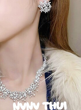 珠宝 缱绻繁花满天星珍珠宝石项链 高级感 梭编蕾丝花朵耳环套装