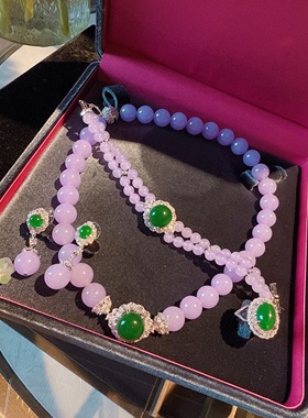 珠宝 水沫玉紫罗兰垫色串珠晚宴套链 腰缠万贯冰冰翡翠色手链套装