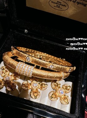 意大利复古素圈拉丝雕工星云宝石手镯 Vintage錾雕金刚杵锆石项链