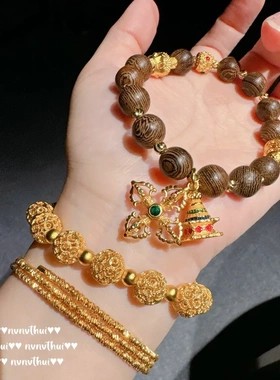 古法金色掐丝锤揲十字花宝塔手链 新中式 八宝瑞祥錾花手链 手镯