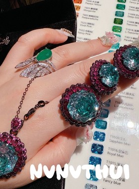 珠宝 孔雀绿12克拉宝石玫瑰切太阳花项链 晚宴高定花朵大宝石耳环