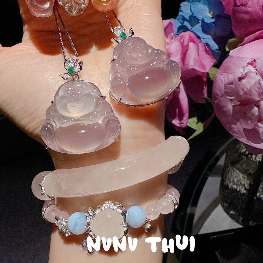 珠宝 马达加斯加天然粉玉髓佛公925银吊坠 粉水晶小蛮腰花神手串