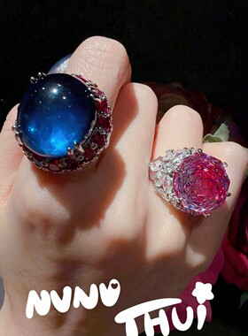 珠宝宴会套装 星空海洋蛋面蓝宝镶嵌戒指莫奈花园玫瑰粉5克拉戒指