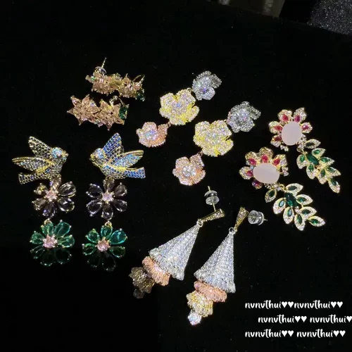 高定珠宝 花丝鎏彩花朵小鸟宝石耳环 六宫粉黛 富贵花锆石耳坠