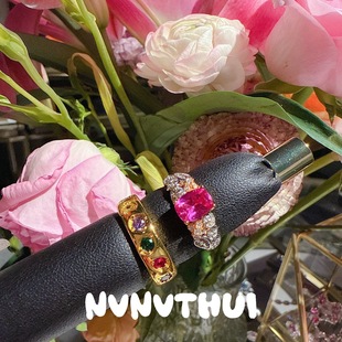 珠宝 莫桑比克多巴胺彩虹糖果闪钻戒指 宴会高定 火龙果玫瑰戒指