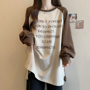 大码美式字母印花T恤女春秋胖mm插肩宽松慵懒风遮肚子中长款上衣