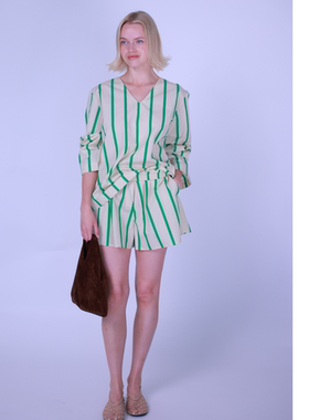 ETIK Nor瑞典绿色宽条纹棉长袖V领短裤休闲套装