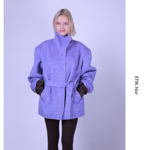 ETIK Nor瑞典羊毛兔毛真丝高领收腰紫色短大衣