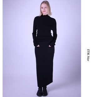 ETIK Nor黑色羊毛羊绒开叉直筒半身裙