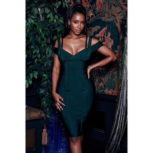 墨绿色新款 dress 小众露肩吊带性感气质V领紧身包臀连衣裙bandage