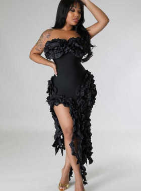 欧美性感抹胸木耳边不规则开叉褶皱包臀连衣裙女 bandage dress