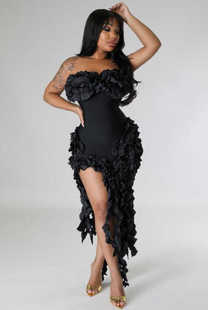 欧美性感抹胸木耳边不规则开叉褶皱包臀连衣裙女 bandage dress