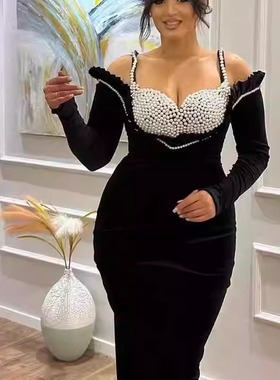 2024新款秋冬黑色长袖性感名媛风高级感钉珠包臀长裙针织绷带裙女