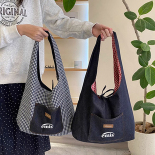 韩代正品emis牛仔托特包简约双面卡背单肩包包女大容量日系格子包