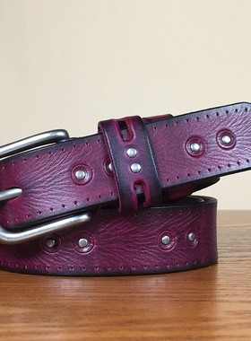 紫色腰带女士皮带裤带纯牛皮皮带搭配牛仔裤铆钉复古手工绿色青年
