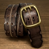 头层牛皮腰带铜扣镂空复古男士 女士青年配牛仔个性 棕色双针真皮潮