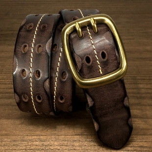 头层牛皮腰带铜扣镂空复古男士 棕色双针真皮潮 女士青年配牛仔个性