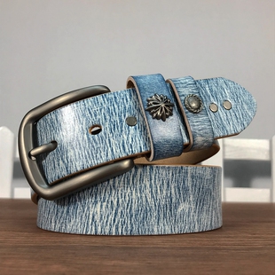头层牛皮个性 擦色皮带男高级感针扣休闲真皮腰带原创设计配牛仔裤