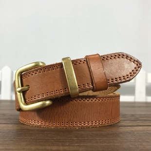 带棕色 简约百搭裤 女士软头层牛皮铜扣牛仔裤 皮带真皮腰带复古时尚