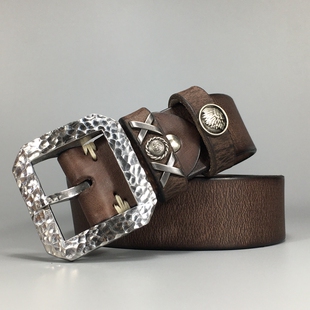 手工捶打纹不锈钢扣头层牛皮男士 带2023新 皮带针扣腰带真皮复古裤
