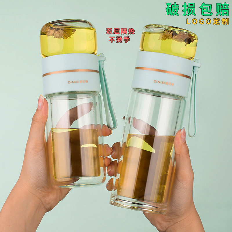 秋季双层耐热杯子 ins风可爱创意透明泡茶保温水杯茶水分离玻璃杯