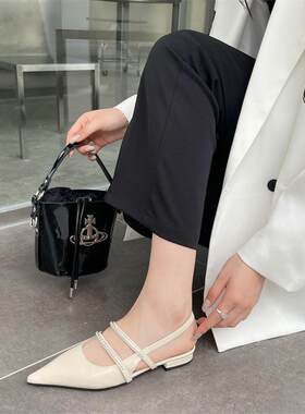 尖头时装凉鞋后空水钻平底平跟女