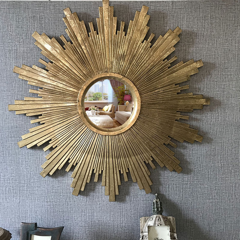 美式乡村复古做旧设计师太阳装饰镜子壁挂玄关镜圆形背景墙镜欧式