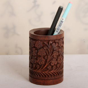 木雕实木木质雕刻 巴基斯坦 木笔筒创意办公用品复古工艺品摆件