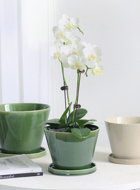外贸陶瓷花盆复古蝴蝶兰专用兰花桌面轻奢高级感绿色盆栽套盆20CM