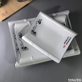 创意餐具盘黑边墨荷长方节节高深盘冷热菜盘饭店餐厅家用盘 新中式