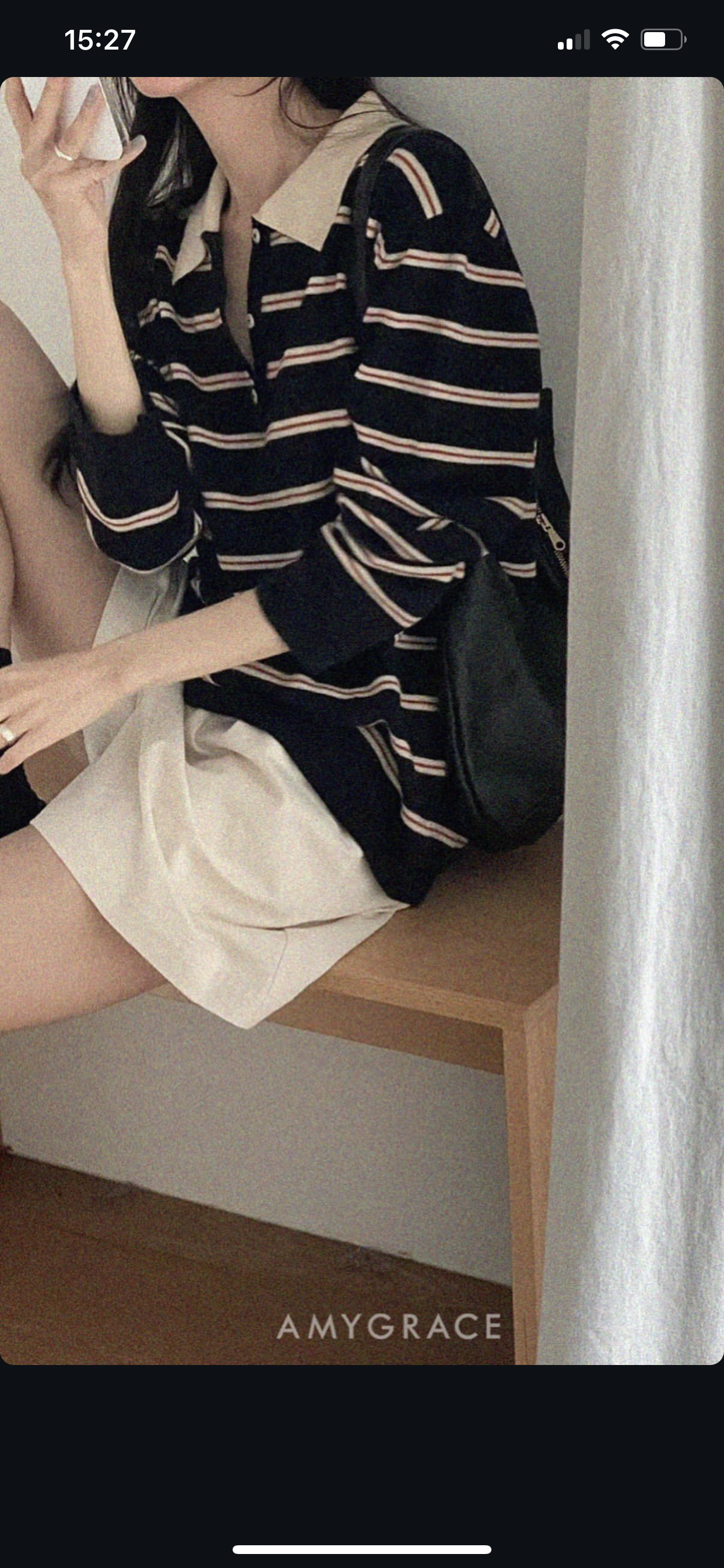 amygrace韩国东大门正品2025秋女装polo翻领条纹长袖针织衫 现货