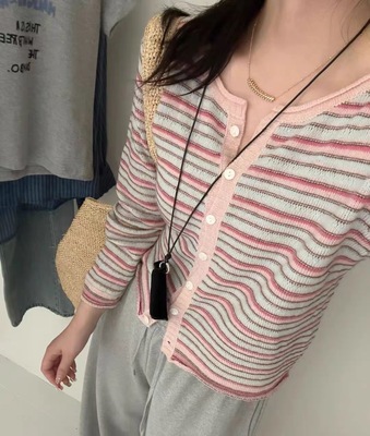 韩国东大门2025秋冬新款圆领百搭条纹针织开衫线衫 现货