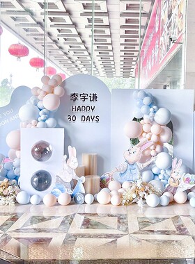 小红书同款蓝色兔宝宝100天满月1周岁背景KT板定制装扮气球套餐