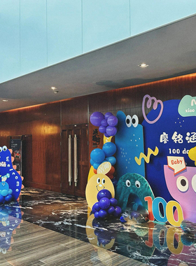 蓝色多巴胺卡通宝宝100天满月1周岁宴迎宾牌背景KT板套餐气球装扮